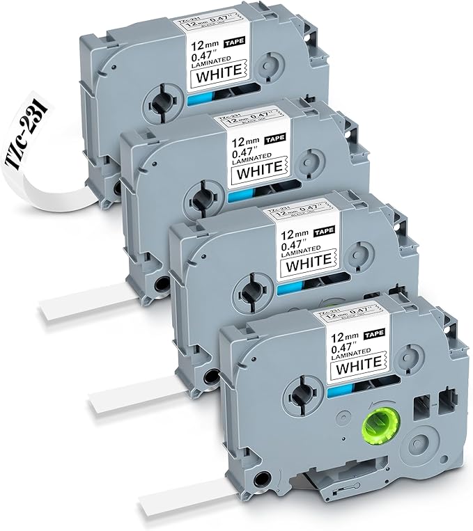 Label Maker Tape 12mm 0.47 White Replacement Brother Label Maker Tape, P-Touch Label Tape, Compatible with Brother PT-D210 H110 D220 D410 D600, 4-Pack