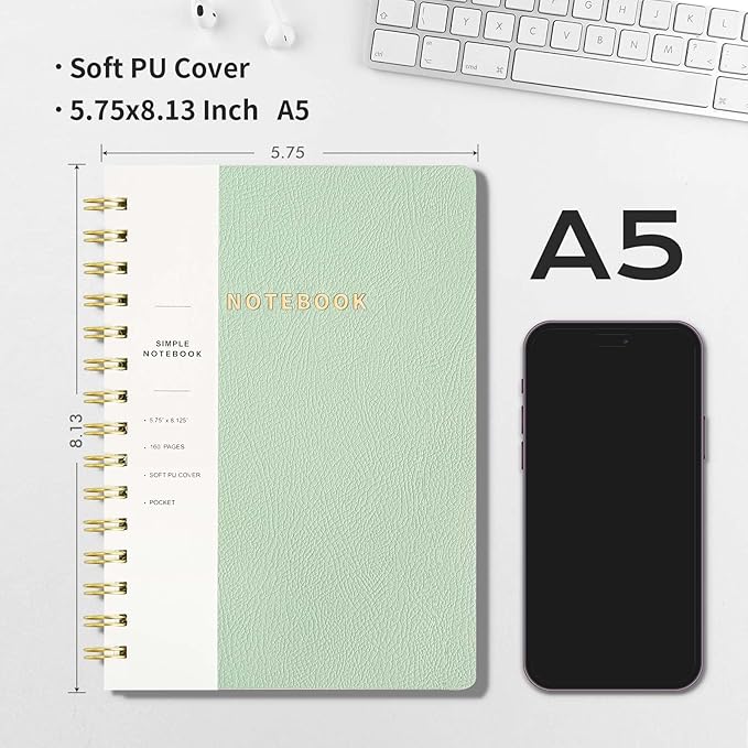 Lined Spiral Notebook College Ruled A5 Journal Book for Note Taking, 160 Pages Writing Journal for Office and Home School Supplies 5.75 x 8.125 inch - MintGreen