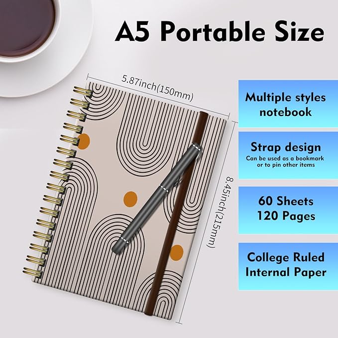 Spiral Journal Notebook, A5 Cute Notebooks for Women Men, College Ruled Hardcover Notebook for Work & Note Taking, 60 Pages Double-Wire Journals for Writing, Cute Boho Pattern