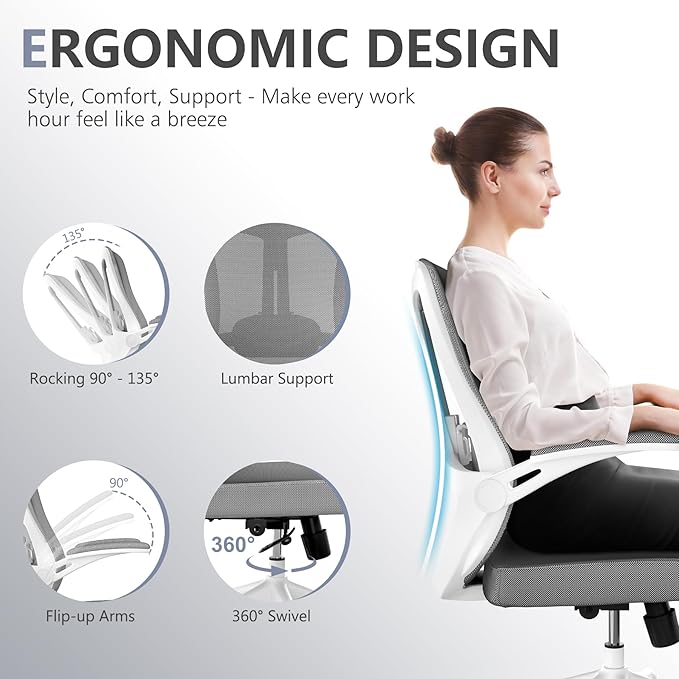 Computer Office Chair, Ergonomic Comfort Home Desk Chair, Mid Back Gaming Chair with Wheels, Adjustable Height, Lumbar Support, Flip-up Armrest with 350LBS Capacity