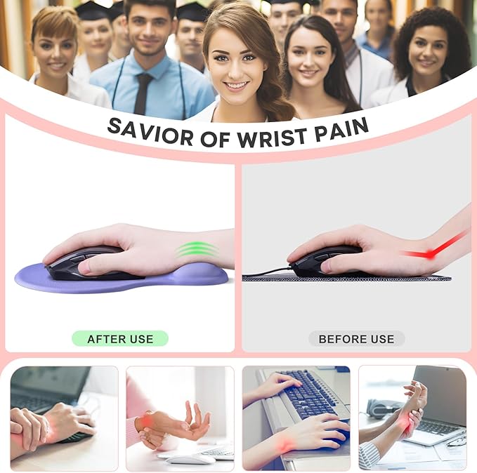 JIKIOU Mouse Pad, 2 Pack Ergonomic Mouse Pads with Comfortable Gel Wrist Rest Support and Lycra Cloth, Non-Slip PU Base for Easy Typing Pain Relief Durable and Easy to Clean Small Purple