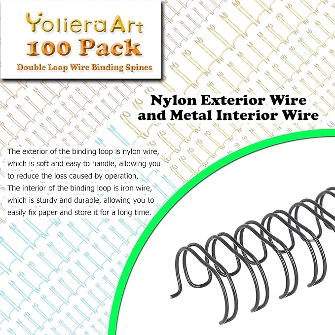 100 Pack Metal Twin Loop Binding Wire Coils, 34-Loop, 3/4" Cinch Book Binding Wire, 3:1 Pitch, YolieraArt Double Loop Bindings180 Sheet Capacity Fit for School Office Notebook Maker Black