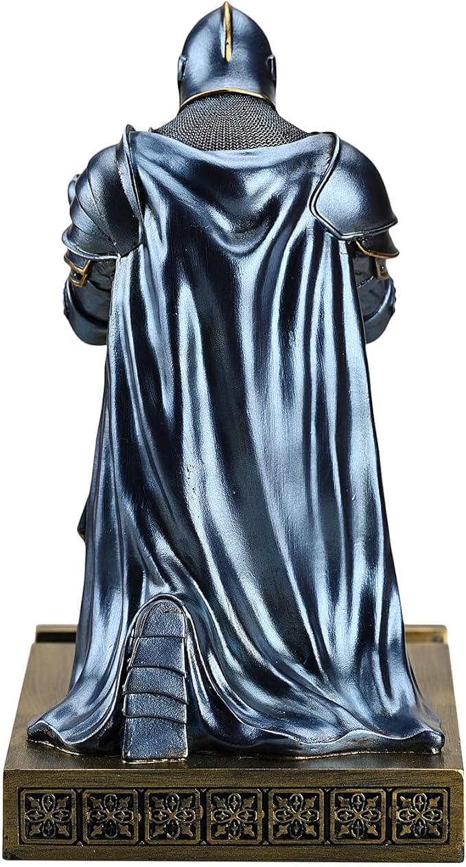 Medieval Armored Warrior Wearing Outerwear, Mobile Phone Stand Knight Pen Holder Desk Organizers, Resin Bookends Paperweight with a Letter Opener for Desk (Blue)