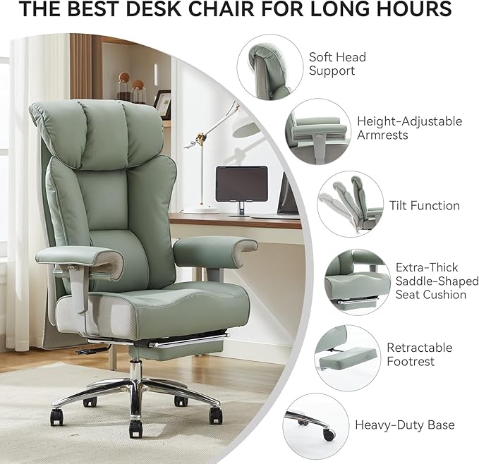 Efomao Big and Tall Green Office Chair 450LBS – Ergonomic High-Back Executive Chair with Footrest, Adjustable Padded Armrests, PU Leather Computer Chair with Lumbar Support for Home or Office，Green