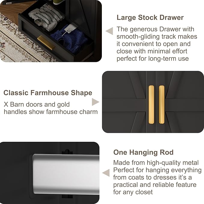 Metal Wardrobe Cabinet,71 Armoire Wardrobe Closet with Drawers and Hanging Rod,Metal Armoire with Adjustable Shelves for Closet,Bedroom,Farmhouse Storage Cabinet with Drawer(Black)