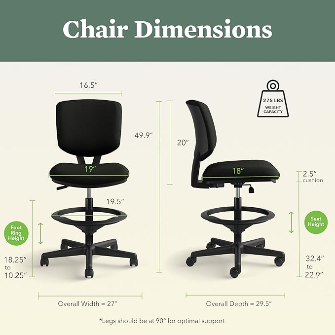 HON Volt Standing Desk Chair, Leather Office Chair with Foot Rest, Armless, Ergonomic Recline and Center Tilt, for Computers, Offices, Work, Black