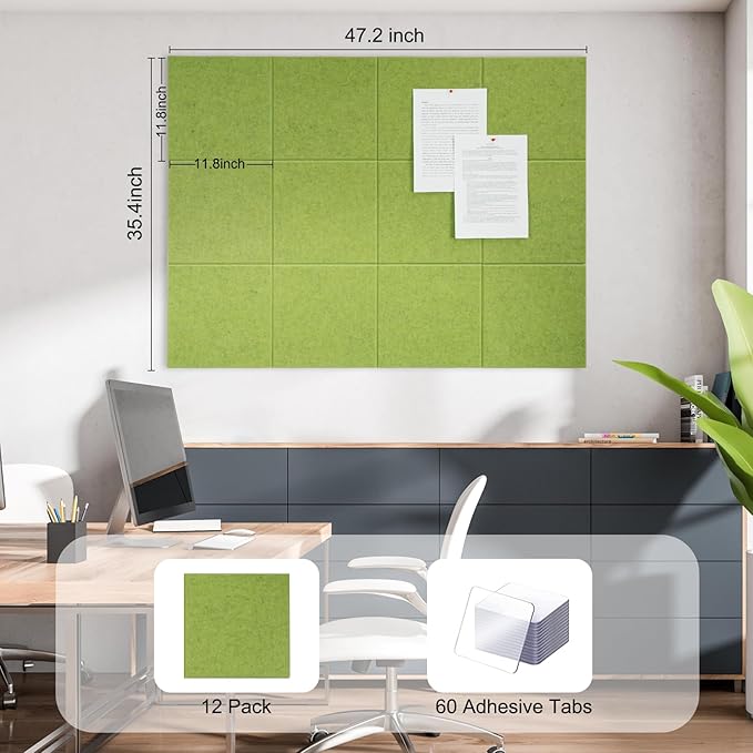 Large Cork Board for Office Wall Decor,48"x36"-12 Pack Felt Wall Tiles with Safe Removable Adhesive Tabs, 1/2" Thick, Felt Bulletin Board Pin Board Cork Boards for Walls - Matcha Green