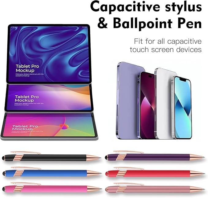 12 PCS 2 in 1 Stylus Ballpoint Pen with Stylus Tip, 1.0 mm Black Ink Metal Pen Stylus Pen for Touch Screens (12 Colors-2)