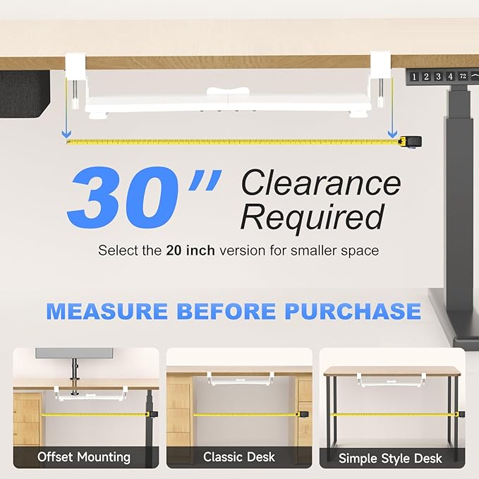 suptek Keyboard Tray Under Desk Pull Out with C Clamp Mount, Computer Keyboard & Mouse Tray, 25.6 (30 Including Clamps) x 11.8 inch Slide-Out Platform Computer Drawer for Typing, White, DSF1W