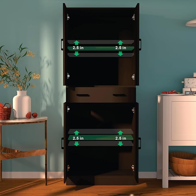 71" Tall Black & Rattan Pantry Cabinet - Boho Chic Kitchen Storage with Doors & Drawer for Dining Room, Hallway or Kitchen Organization