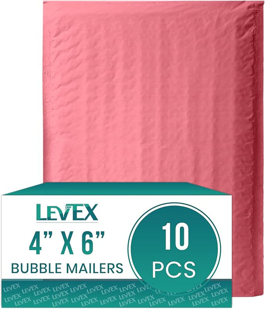 Levex - #0000 4" x 6" [10 Pack] Pink Poly Bubble Mailers, Padded Envelope Mailers, Packing Envelope & Mailing Bags for Shipping