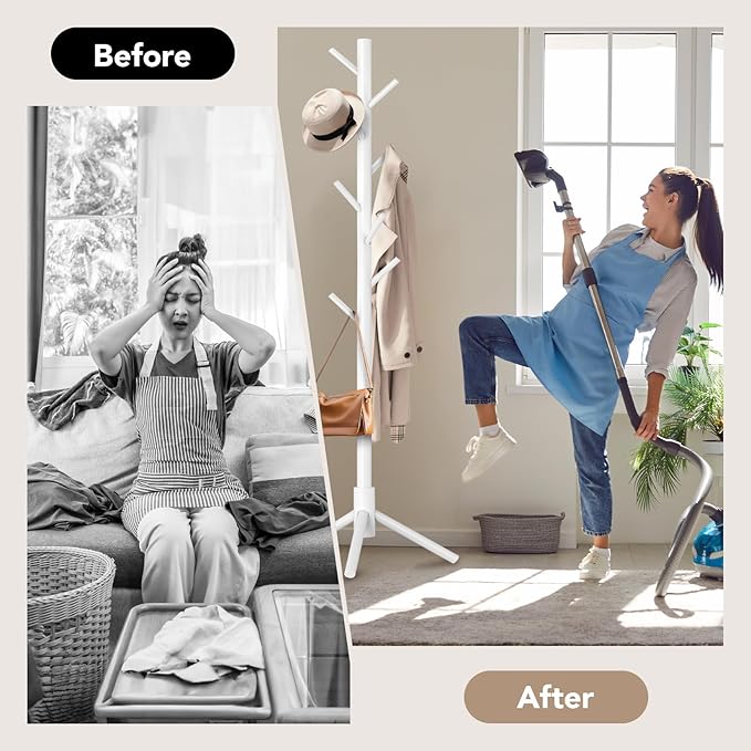 Wooden Tree Coat Rack Stand,Sturdy Freestanding Coat Rack with 8 Hooks,3 Adjustable Height for Child Adult,Wood Coat Stand Tree Fits Entryway Bedroom Office for Bags,Hats