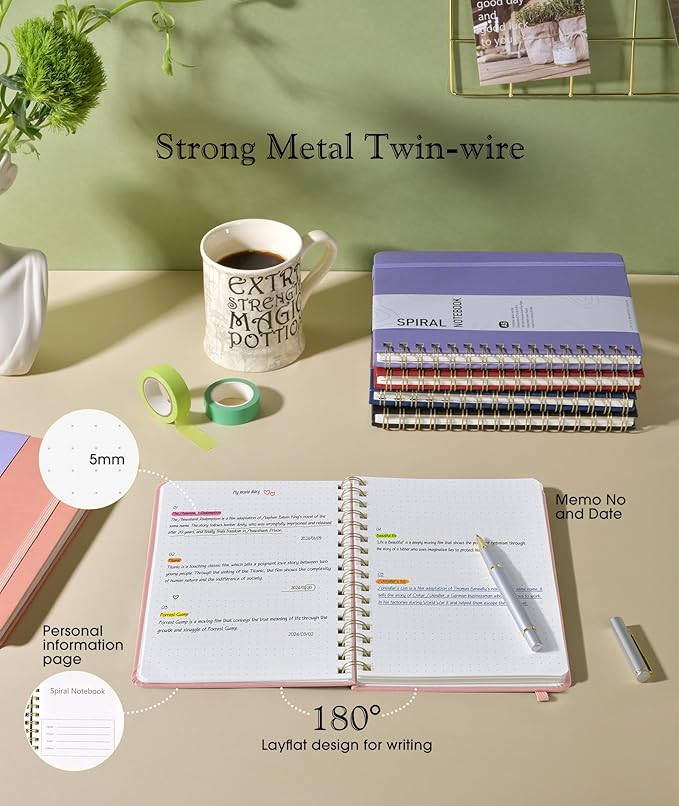 Dotted Spiral Journal Notebook, A5 Hardcover Spiral Journals for Women Men, 100 GSM Dot Grid Paper Notebooks, 150 Pages Spiral Bullet Dotted Notebook for Writing Note Taking 5.75" x 8.38", Blush Pink