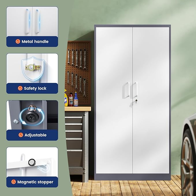 Yizosh Metal Storage Cabinet with 2 Locking Doors and 5 Adjustable Shelves, 72" Garage Storage Cabinet Steel Lockable for Office,Home,Garage