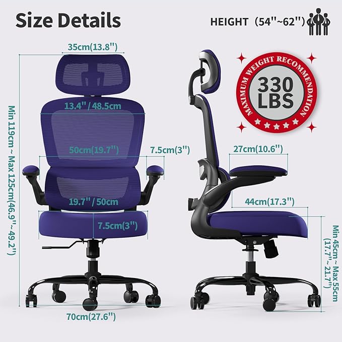Office Chair Ergonomic Desk Chair, 330 LBS Home Mesh Office Desk Chairs with Wheels, Comfortable Gaming Chair, High Back Office Chair for Long Hours (Violet)