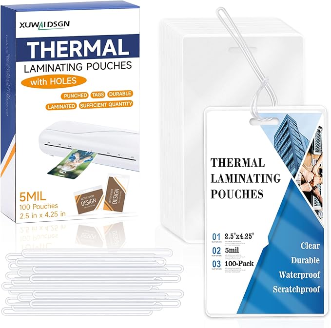 100 Pack 5 Mil Laminating Pouch with Clear Loop 2 1/2" x 4 1/4" Luggage Tag Laminating Pouches with Slot Hole Thermal Laminate Pouch Tags Kit Resealable for Work Permits Pass Cards Student ID Cards