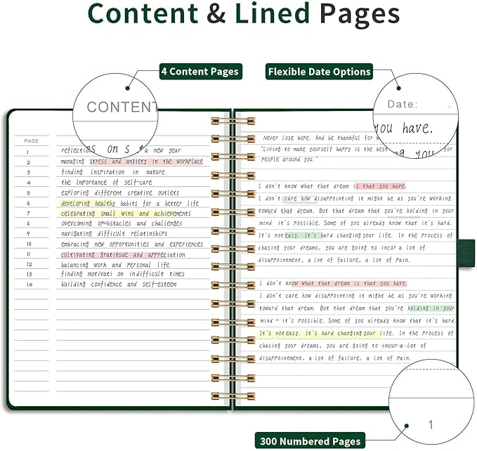 EMSHOI A5 Leather Hardcover Spiral Notebook College Ruled, 300 Numbered Pages, 100GSM, Lined Journal for Women Men, Work, Writing, Note-Taking, Journaling – Dark Green, 5.7”x8.22”