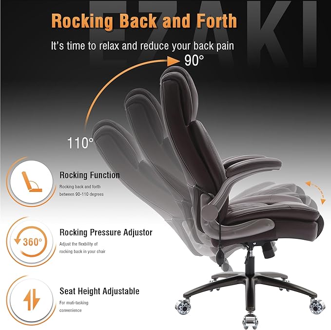 Large High Back Office Chair - Adjustable Lumbar Support Flip Up Arms Heavy Duty Quiet Wheels Metal Base Breathable Bonded Leather Ergonomic Executive Computer Desk Chair with Storage Bags, Brown