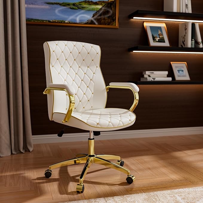 White and Gold Office Chair with Soft Leather Embroidery, Mid Back Vintage Swivel Executive Desk Chair with Wheels and Padded Arms, Adjustable Height