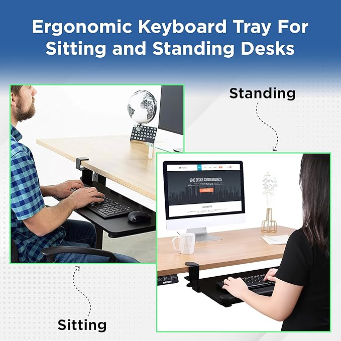 Kt4 Clamp on Keyboard Tray, Adjustable Slide Out Drawer for Desk, Height Tilt Adjustable Keyboard Holder, Under Desk Pull Out Tray (Black)