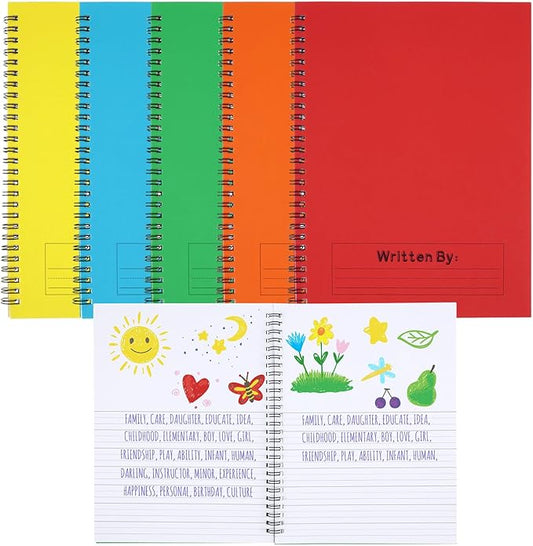 Henoyso 5 Pcs 100/50 Sheets Primary Composition Notebook K-2 Bulk Spiral Primary Journal Drawing Handwriting Practice for Kids Kindergarten 1st 2nd Back to School Supplies (Bright Color,50 Sheets)