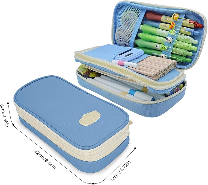 Large Capacity Pencil Case - Durable Zipper Aesthetic Pen Pouch, Big Storage Organizer for School, Office & Travel - Waterproof & Multi-Use (Light Blue)