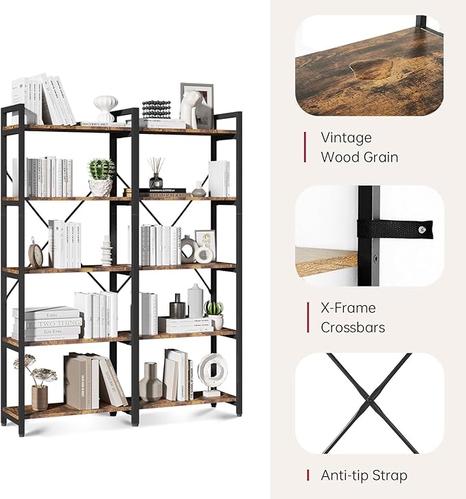 oneinmil 5 Tier Bookshelf Set of 2, 58.7'' Industrial Book Shelf, Wooden Bookshelves with 10 Open Display Shelves, Vintage Storage Rack, Standing Wide Bookcase for Home and Office, Rustic Brown