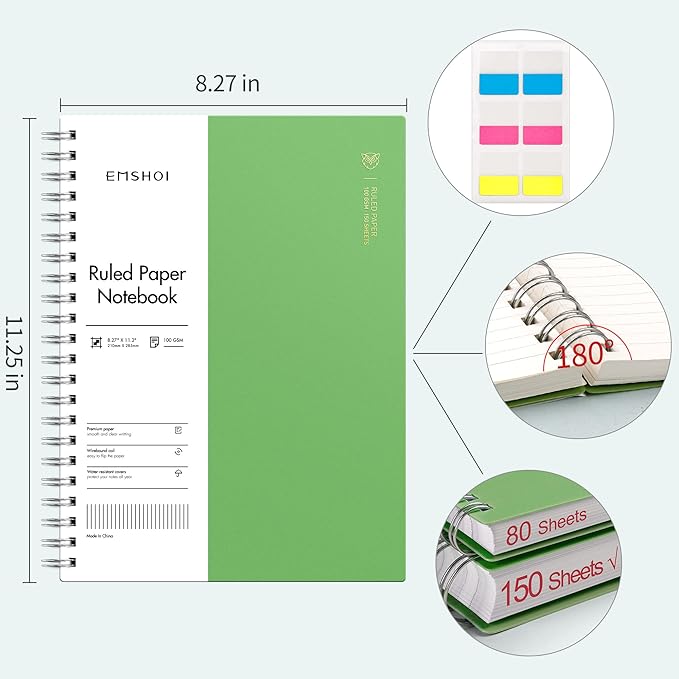 EMSHOI A4 Spiral Notebook Lined Journal, 300 Pages, College Ruled, 100gsm Thick Paper, Waterproof Softcover, Twin-Wire Binding, with Sticky Notes, Green (11.2" x 8.27")