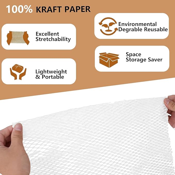 Honeycomb Packing Paper, 12" x 100' Packing Paper Substitute Alternative for Bubble Cushioning Wrap for Moving Shipping Packaging Mailing, Recyclable Moving Supplies Bubble Packing Wrap Roll-White