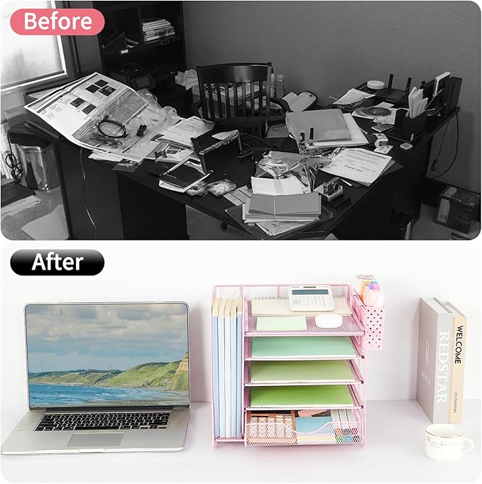 Desk Organizer with Drawer and Pen Holder, 5-Tier Paper Letter Tray Organizer with File Holder, Suitable for Workspace Organizer Office Supplies Storage (Pink)