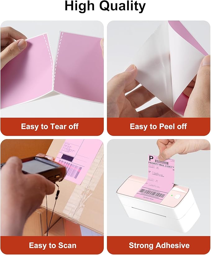 Phomemo 4x6 Thermal Label Printer Paper - 500 PCS Pink 4"x6" Fan-Fold Shipping Supplies Labels - Water/Oilproof Label Stickers - Permanent Adhesive Thermal 4x6 Labels for Small Business Supplies