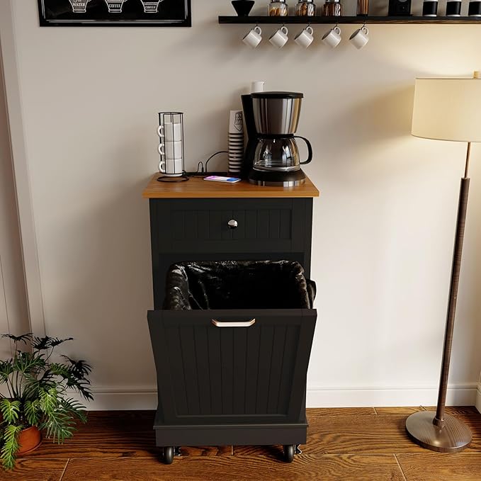 10 Gallon Tilt Out Trash Cabinet, Wooden Kitchen Trash Can Cabinet with Hideaway Drawer, Freestanding Laundry Hamper Garbage Recycling Cabinet on Wheels, Pet Proof, Single, Black
