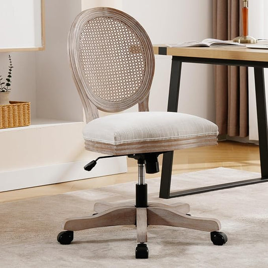 LukeAlon Rattan Back Linen Office Chair, Adjustable Height Swivel Task Chair with Wood Frame Armless Desk Chair with Wheels Upholstered Round Back Vanity Chair for Home Office Study Room, Beige