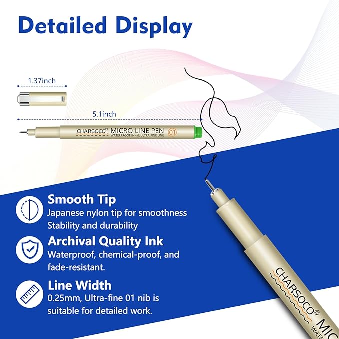 01 Micro Pen, Fine Point Pen with 36 Colors, Waterproof Archival Ink, 0.25mm Fineliner Ink Pens for Artist Illustration, Sketching, Anime, Manga, Technical Drawing and Scrapbooking