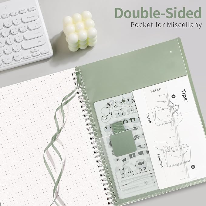 AHGXG Bullet Dotted Journal - Dot Grid Spiral Notebook B5, 140 Pages, 100 GSM Thick Paper, Waterproof Plastic Cover Journals for Bullet Journaling, Sketching, 7.6" x 10", Sage Green