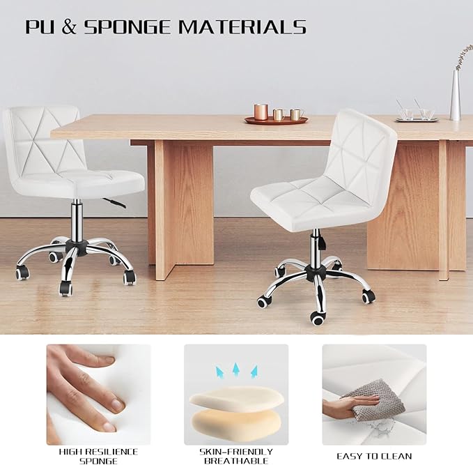 COSVALVE Armless Desk Chair, Mid Back Swivel Office Chair, Adjustable Executive Conference Task Chair with Rolling Wheels and Diamond Pattern, for Home Computer Barber, White