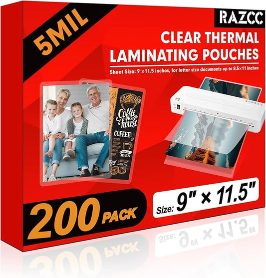 Laminating Sheets, 200 Pack Clear Thermal Laminating Plastic Paper Laminator Sheets, 9 x 11.5-Inch, 5mil, Ideal Office or School Supplies