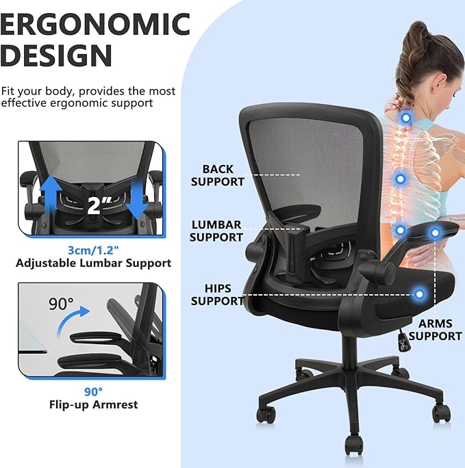 Office Desk Chairs with Wheels, Ergonomic Mesh Chair with Adjustable Height Lumbar Support, Rolling Swivel Computer Task Chair with Flip Up Armrests for Home, Study, Conference, Black (2PK)