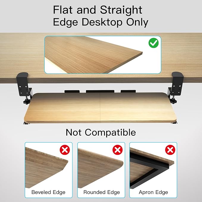 Ergonomic Keyboard Tray Under Desk Pull Out with Adjustable C-Clamp Mount, Slide-Out Computer Keyboard and Mouse Platform Drawer for Office and Home Typing (Light Wood)