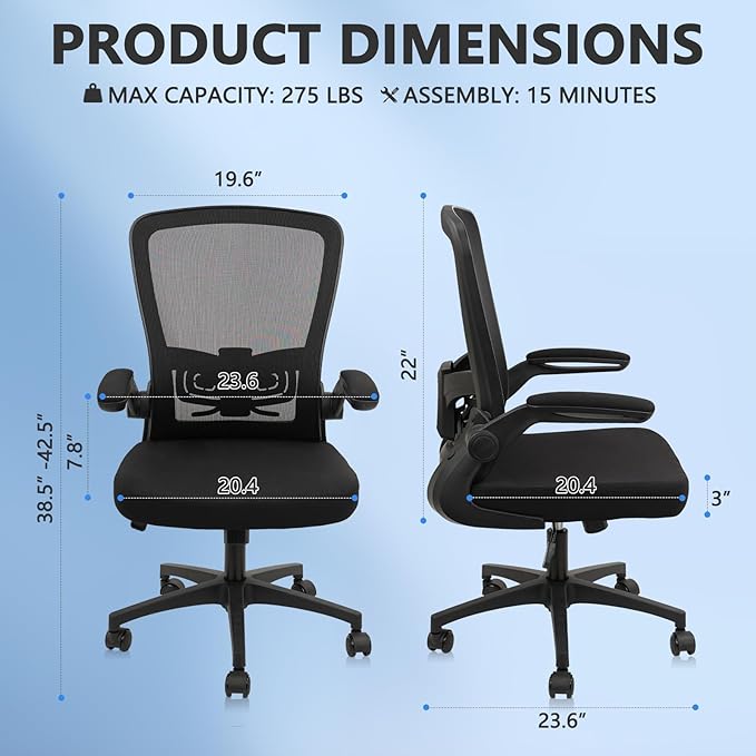 Office Desk Chairs with Wheels, Ergonomic Mesh Chair with Adjustable Height Lumbar Support, Rolling Swivel Computer Task Chair with Flip Up Armrests for Home, Study, Conference, Black (12PK)