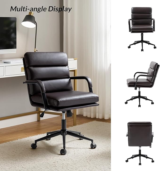 HULALA HOME Modern Faux Leather Home Office Chair with Tilt Lock & Metal Base, Desk Chair with Wheels & Padded Cushion, 360° Swivel Wide Seat Computer Task Chair, Brown