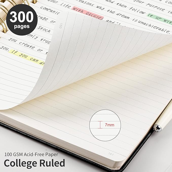 EMSHOI Spiral Notebook College Ruled, 300 Numbered Pages, A5 Small Hardcover Leather, 100 GSM Thick Lined Journal for Women Men Work Writing Journaling Note Taking, 5.7" x 8.22", Black