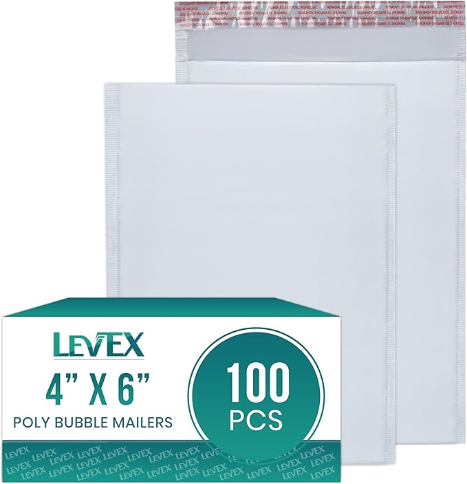 Levex - #0000 4" x 6" [100 Pack] Poly Bubble Mailers, Padded Envelope Mailers, Packing Envelope & Mailing Bags for Shipping