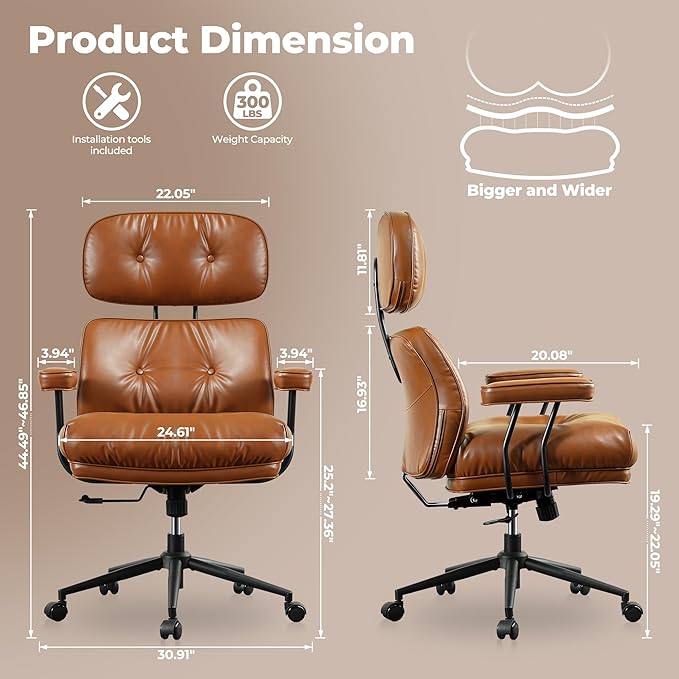 ovios Home Office Chair, Mid-Century Modern Faux PU Leather Chairs with Lumbar Support Comfy Thick Cushion, High Back Ergonomic Swivel Rolling Executive Armchair (Brown, PU Leather)