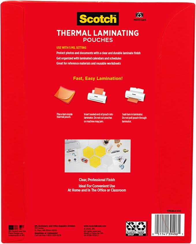 Scotch Thermal Laminating Pouches, 100 Count, Clear, 5 mil, Laminate Business Cards, Small Banners, Essays, Office or School Supplies, Fits Letter Size 8.9x11.4 in Paper