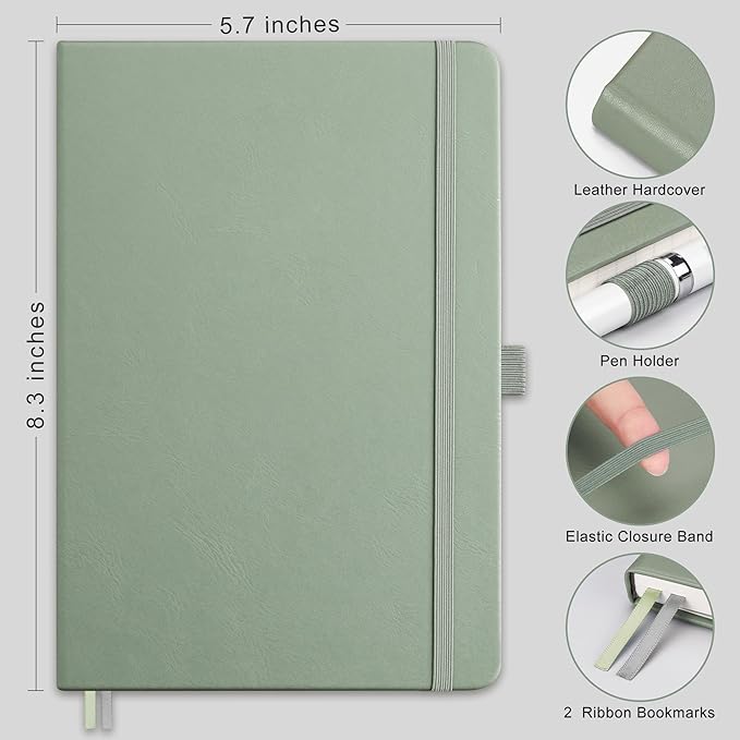 RETTACY Graph Grid Paper Notebook, 192 Pages, A5 Medium Size (5.7'' x 8.3''), 5 Squares per Inch, Leather Hardcover, 100 GSM Thick Paper, for School, Students, Math, Engineering (Sage Green)