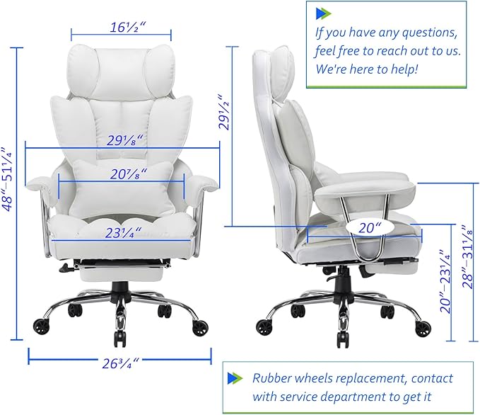 Efomao Big and Tall Office Chair 400lbs – High Back PU Leather Executive Chair with Lumbar Support, Footrest, Swivel Base, Padded Armrests, and Rolling Wheels for Home Office, White Computer Chair