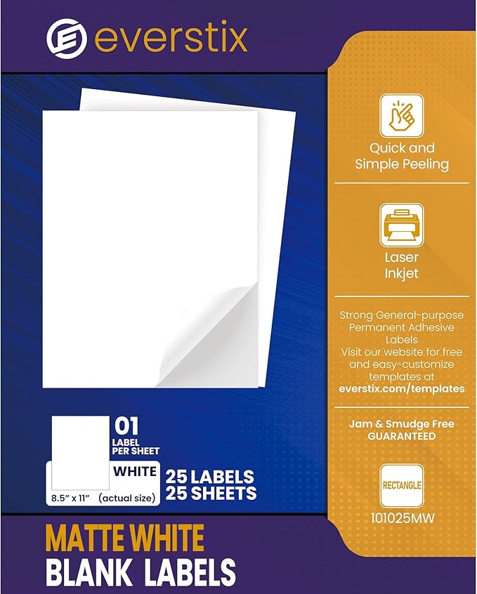 8.5" x 11", 25 Sheets, 25 Printable White Sticker Paper, Full Sheet Shipping Labels for Laser & Inkjet Printers, Letter Size