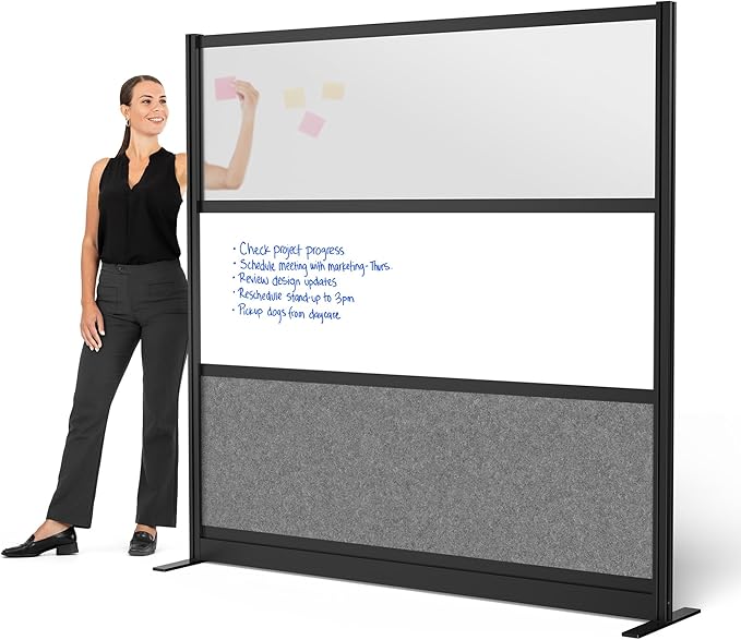 Stand Up Desk Store Workflow Modular Wall | 70'' x 70'' Wall | Expandable Partition Room Divider with Rearrangeable Frosted Acrylic, Sound Absorbent and Whiteboard Wide Panels (Black Frame)