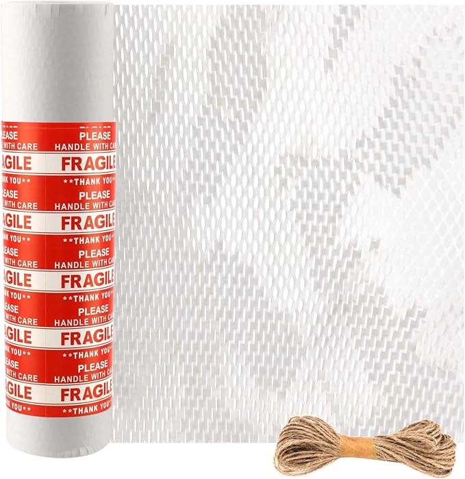 JAPCHET 15 In x 164 Ft White Honeycomb Packing Paper, Honeycomb Paper with Sticker Labels and 10 m Rope Honeycomb Wrap Roll for Packaging and Shipping